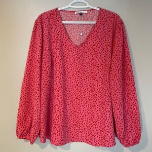 Michelle McDowell Womens XXL Pink Red Abstract Dot V-Neck Blouse Long Sleeve Top